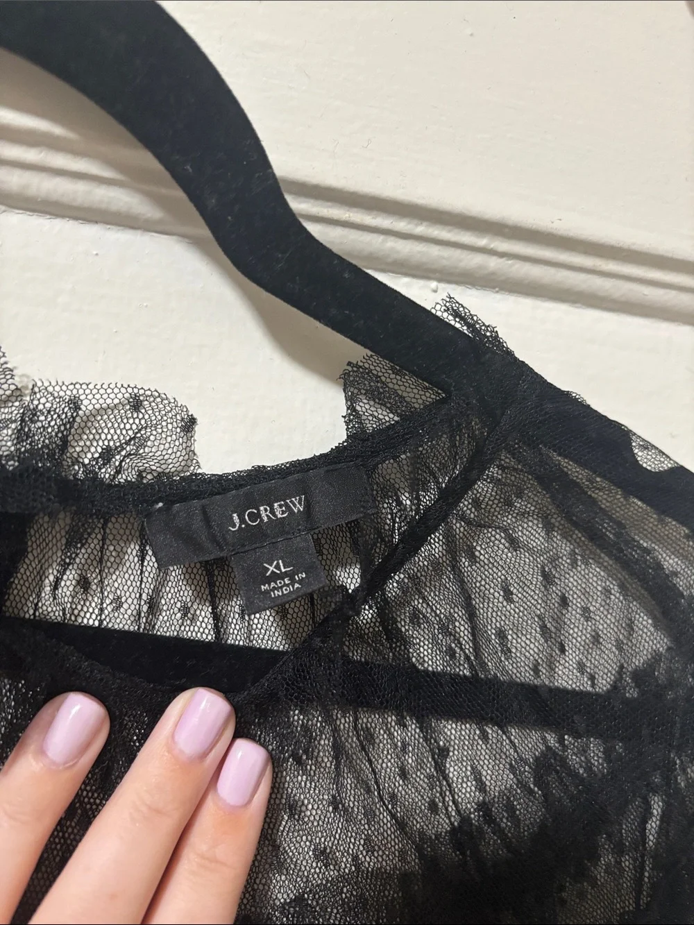 Jcrew Black Sheer Dot Mesh Blouse with Ruffle Neckline